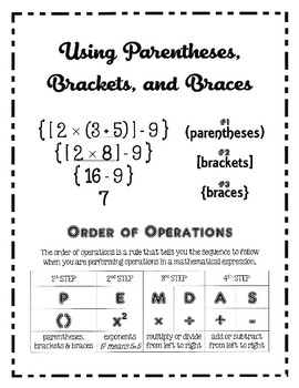 Order of Operations PEMDAS parentheses, brackets, braces