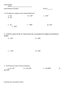 Preview of Using Reference Angles and Special Triangles Worksheet and Answers