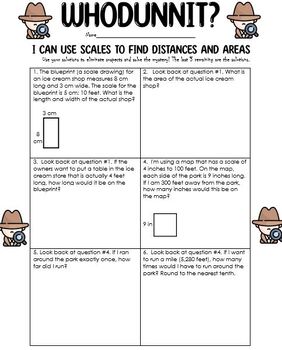 Preview of Using Scales to Find Distances and Areas Word Problems Editable Whodunnit Exits