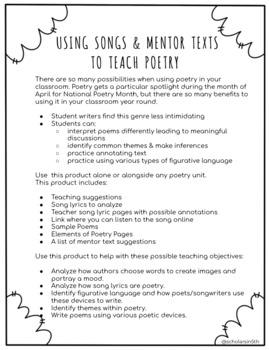 Preview of Using Songs & Mentor Texts to Teach Poetry