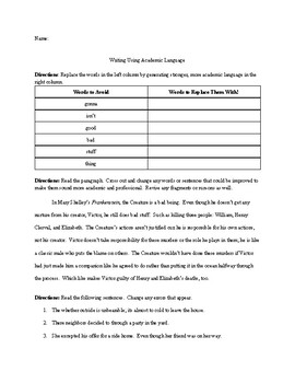 Preview of Using Sophisticated & Academic Writing Worksheet