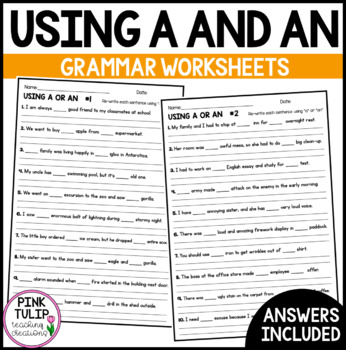 Using The Article A Or An Worksheet Pack By Pink Tulip Teaching Creations