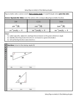 Preview of Using Trig Ratios to Solve for Missing Angles (Notes/Practices)