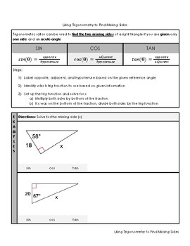 Preview of Using Trig Ratios to Solve for Missing Sides (Notes/Practice)