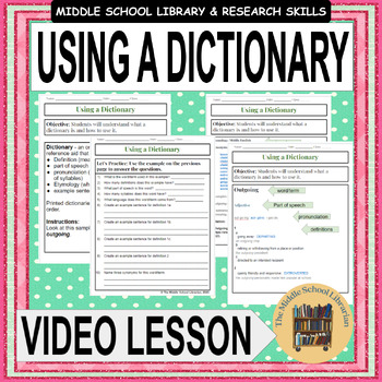 Preview of Using a Dictionary  - Middle School Library Research Skills Lesson Activity