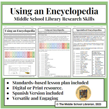 Preview of Using an Encyclopedia  - Middle School Library Research Skills Lesson Activity