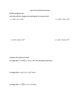 Preview of Using the Law of Sines and Cosines Worksheet (No Calculator)