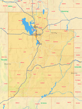 Preview of Utah map with cities township counties rivers roads labeled