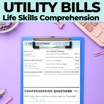 Preview of Utility Bills Reading  Comprehension Worksheets