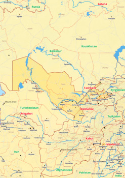 Preview of Uzbekistan map with cities township counties rivers roads labeled