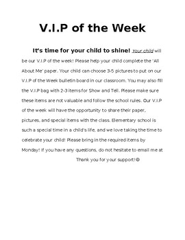 Preview of V.I.P of the Week paper for parents to send home