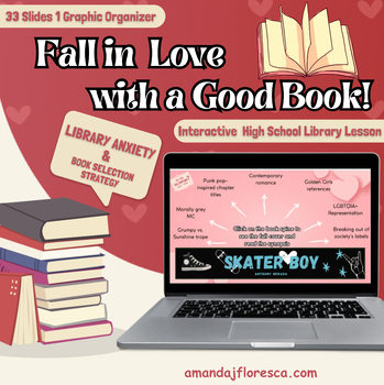 Preview of V-day themed High School Library Lesson | Anxiety & Book Selection Strategy