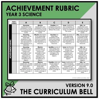 Preview of V9 ACHIEVEMENT RUBRIC | AUSTRALIAN CURRICULUM | YEAR 3 SCIENCE