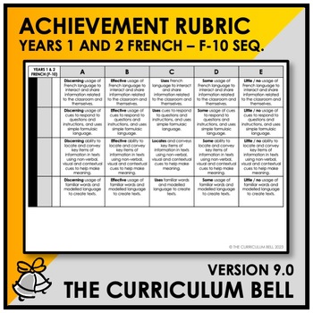 Preview of V9 ACHIEVEMENT RUBRIC | AUSTRALIAN CURRICULUM | YEARS 1 & 2 FRENCH - FY10 SEQ.