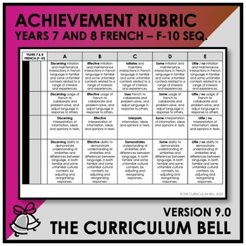 Preview of V9 ACHIEVEMENT RUBRIC | AUSTRALIAN CURRICULUM | YEARS 7 AND 8 FRENCH - FY10 SEQ.