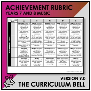 Preview of V9 ACHIEVEMENT RUBRIC | AUSTRALIAN CURRICULUM | YEARS 7 AND 8 MUSIC