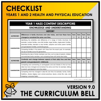Preview of V9 CHECKLIST | AUSTRALIAN CURRICULUM | YEARS 1 AND 2 HEALTH AND PHYSICAL ED