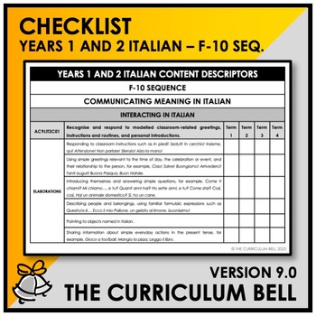 Preview of V9 CHECKLIST | AUSTRALIAN CURRICULUM | YEARS 1 AND 2 ITALIAN - FY10 SEQ.
