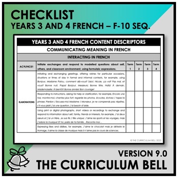Preview of V9 CHECKLIST | AUSTRALIAN CURRICULUM | YEARS 3 AND 4 FRENCH - FY10 SEQ.