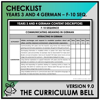 Preview of V9 CHECKLIST | AUSTRALIAN CURRICULUM | YEARS 3 AND 4 GERMAN - FY10 SEQ.