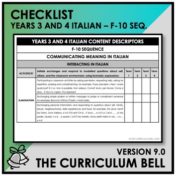 Preview of V9 CHECKLIST | AUSTRALIAN CURRICULUM | YEARS 3 AND 4 ITALIAN - FY10 SEQ.
