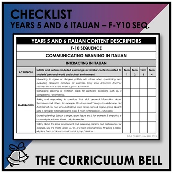 Preview of V9 CHECKLIST | AUSTRALIAN CURRICULUM | YEARS 5 AND 6 ITALIAN - FY10 SEQ.