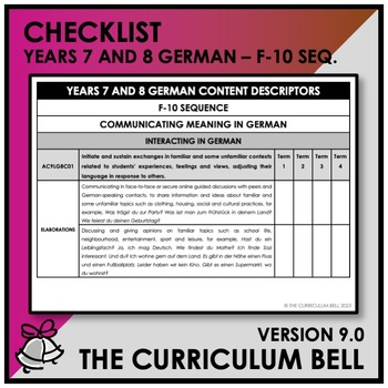 Preview of V9 CHECKLIST | AUSTRALIAN CURRICULUM | YEARS 7 AND 8 GERMAN - FY10 SEQ.