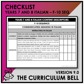 Preview of V9 CHECKLIST | AUSTRALIAN CURRICULUM | YEARS 7 AND 8 ITALIAN - FY10 SEQ.