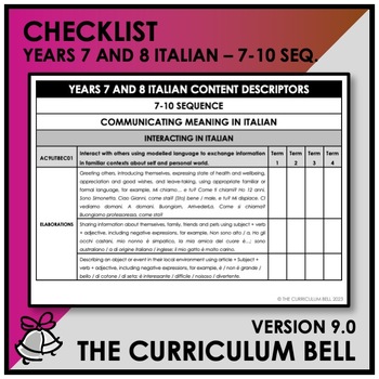 Preview of V9 CHECKLIST | AUSTRALIAN CURRICULUM | YEARS 7 AND 8 ITALIAN - Y7Y10 SEQ.