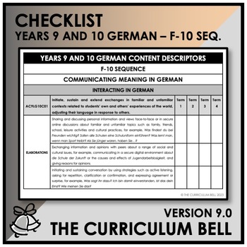 Preview of V9 CHECKLIST | AUSTRALIAN CURRICULUM | YEARS 9 AND 10 GERMAN - FY10 SEQ.