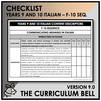 Preview of V9 CHECKLIST | AUSTRALIAN CURRICULUM | YEARS 9 AND 10 ITALIAN - FY10 SEQ.