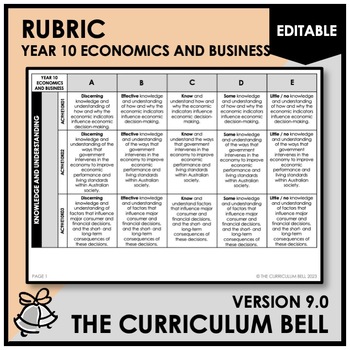 Preview of V9 EDITABLE RUBRIC | AUSTRALIAN CURRICULUM | YEAR 10 ECONOMICS AND BUSINESS