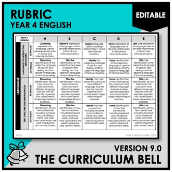 Preview of V9 EDITABLE RUBRIC | AUSTRALIAN CURRICULUM | YEAR 4 ENGLISH