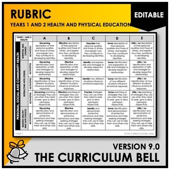 Preview of V9 EDITABLE RUBRIC | AUSTRALIAN CURRICULUM | YEARS 1 AND 2 HEALTH AND PHYS. ED.