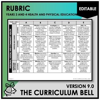 Preview of V9 EDITABLE RUBRIC | AUSTRALIAN CURRICULUM | YEARS 3 AND 4 HEALTH AND PHYS. ED.