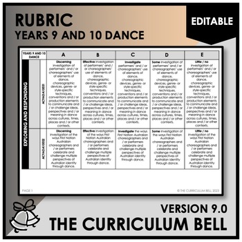 Preview of V9 EDITABLE RUBRIC | AUSTRALIAN CURRICULUM | YEARS 9 AND 10 DANCE