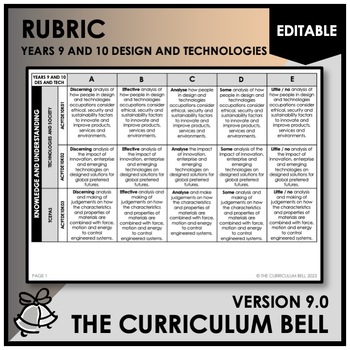 Preview of V9 EDITABLE RUBRIC | AUSTRALIAN CURRICULUM | YEARS 9 AND 10 DESIGN AND TECH.