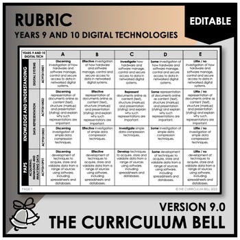 Preview of V9 EDITABLE RUBRIC | AUSTRALIAN CURRICULUM | YEARS 9 AND 10 DIGITAL TECH.