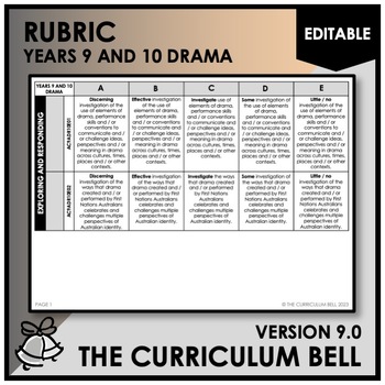 Preview of V9 EDITABLE RUBRIC | AUSTRALIAN CURRICULUM | YEARS 9 AND 10 DRAMA