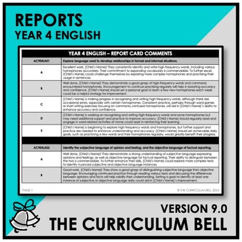 Preview of V9 REPORTS | AUSTRALIAN CURRICULUM | YEAR 4 ENGLISH