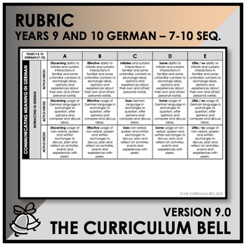Preview of V9 RUBRIC | AUSTRALIAN CURRICULUM | YEARS 9 AND 10 GERMAN - Y7Y10 SEQ.