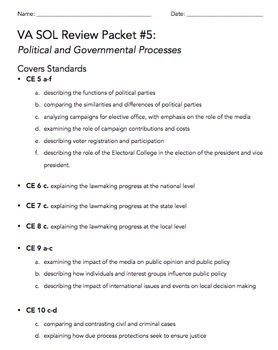 Preview of VA Civics & Economics SOL Review Packet #5: Political and Governmental Processes