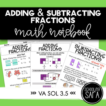 Preview of Adding and Subtracting Fractions Math Notebook | VA SOL 3.5 | Digital & Print