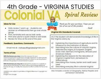 Preview of VA Studies - Unit 4 Colonial Virginia Spiral Review
