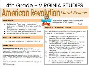 Preview of VA Studies - Unit 5 American Revolution Spiral Review
