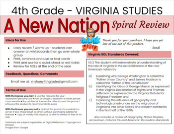 Preview of VA Studies - Unit 6 A New Nation Spiral Review