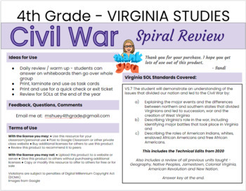 Preview of VA Studies - Unit 7 Civil War Spiral Review