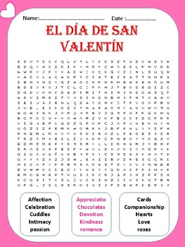 Preview of VALANTINE'S DAY WORD SEARCH, "EL DIA SAN VALENTIN", WORKSHEET,ACTIVITY