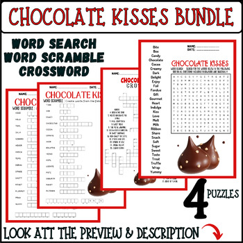 VALENTINE CHOCOLATE KISSES bundle - word search & word scramble & crossword