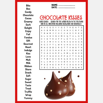 VALENTINE CHOCOLATE KISSES word search puzzle worksheet activity